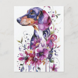 Tarjeta postal de perro salchicha con acuarela