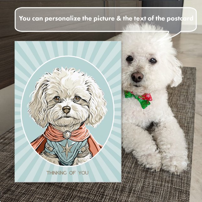 Tarjeta Postal de Perro Superhéroe Blanco Pensando (Subido por el creador)
