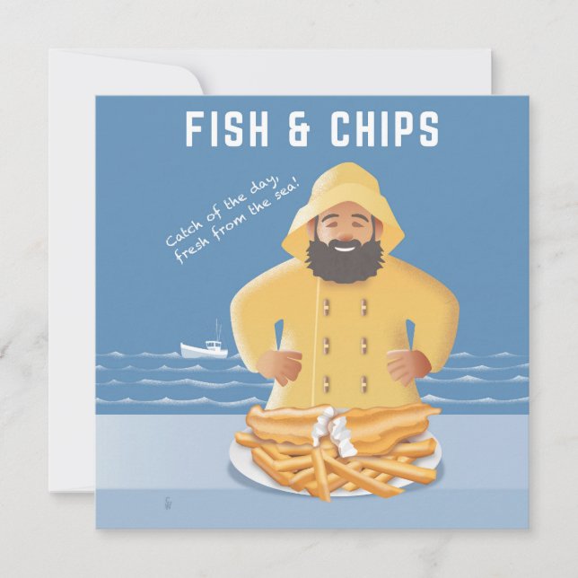 Tarjeta postal de pescado y patatas fritas (Anverso)