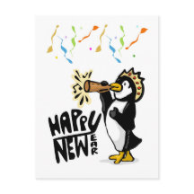 Tarjeta postal de pingüino de año nuevo feliz