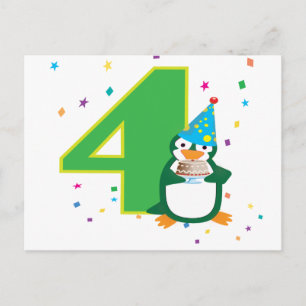 Tarjeta postal de pingüino de cumpleaños número 4
