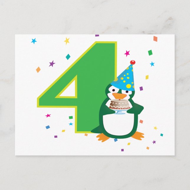 Tarjeta postal de pingüino de cumpleaños número 4 (Anverso)