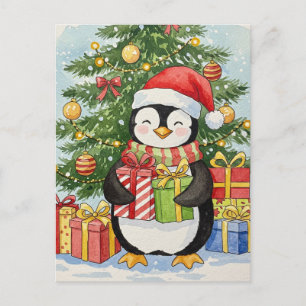 Tarjeta postal de pingüino de Navidad Pintura acua