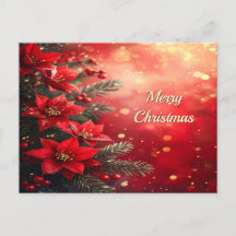 Tarjeta Postal de Poinsettias Rojas y Bayas