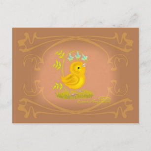 Tarjeta postal de pollito amarillo con flores de c