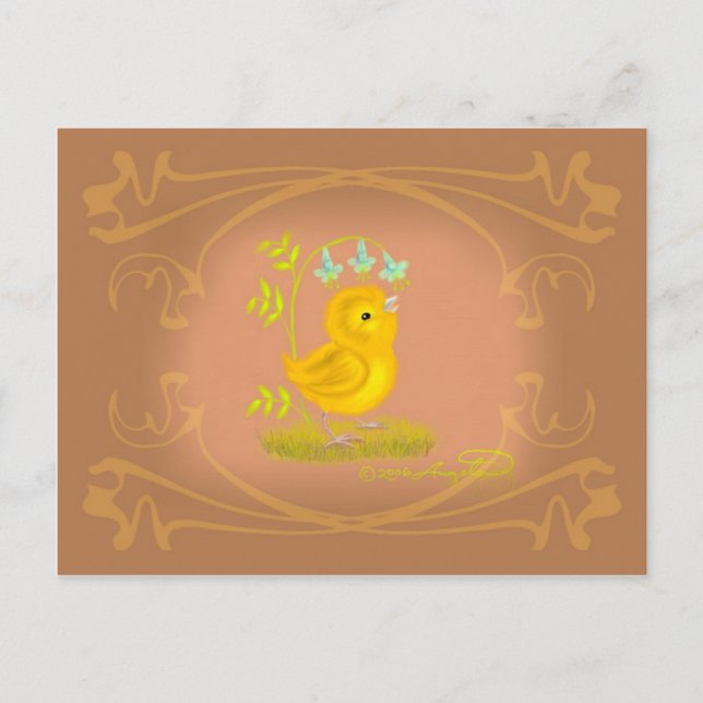 Tarjeta postal de pollito amarillo con flores de c (Anverso)