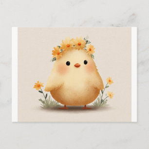 Tarjeta postal de pollito con corona de flores ado