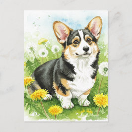 Tarjeta postal de primavera de Corgi lindo y Dient