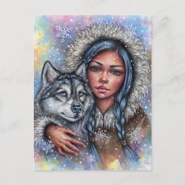 Tarjeta postal de primera nieve Husky cachorro mej (Anverso)