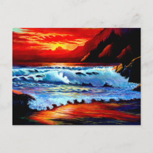 Tarjeta postal de puesta de sol en la playa pintad