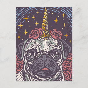 Tarjeta postal de pug unicornio de cumpleaños