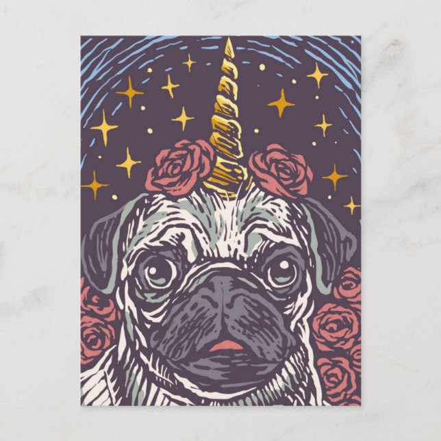 Tarjeta postal de pug unicornio de cumpleaños (Anverso)