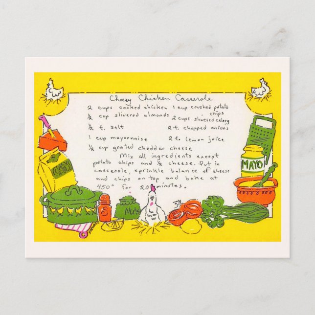 Tarjeta postal de receta de cazuela de pollo con q (Anverso)