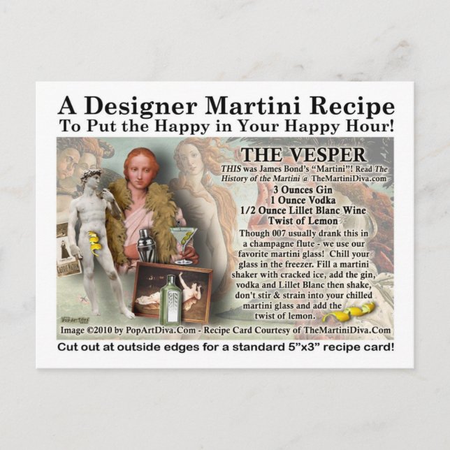 Tarjeta postal de receta de Vesper Martini (Anverso)