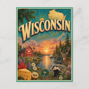 Tarjeta Postal de Recuerdo de Viaje Retro de Wisco