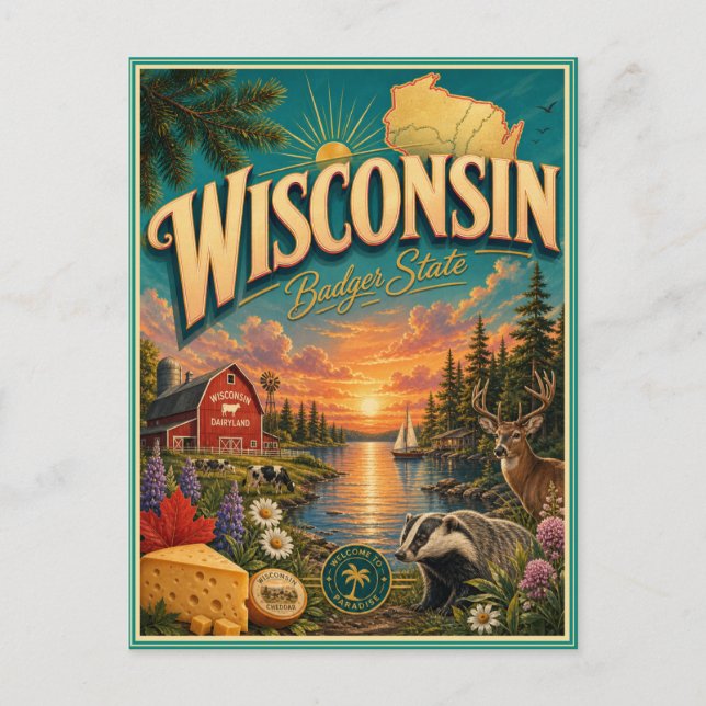 Tarjeta Postal de Recuerdo de Viaje Retro de Wisco (Anverso)