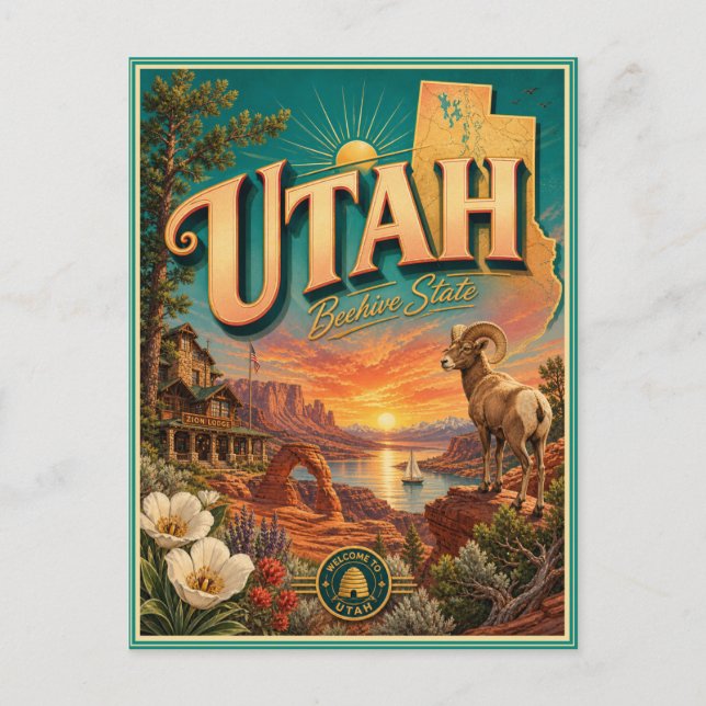 Tarjeta Postal de Recuerdo de Viajes Retro de Utah (Anverso)