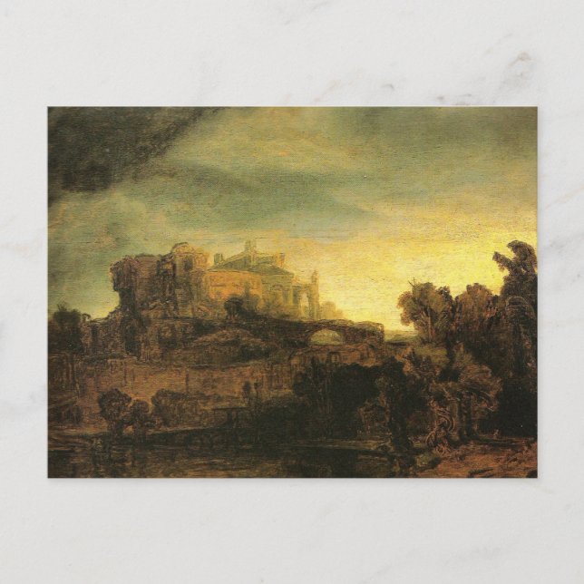 Tarjeta postal de Rembrandt: Paisaje con un castil (Anverso)