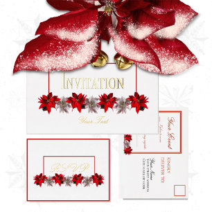 Tarjeta postal de respuesta blanca con poinsettias