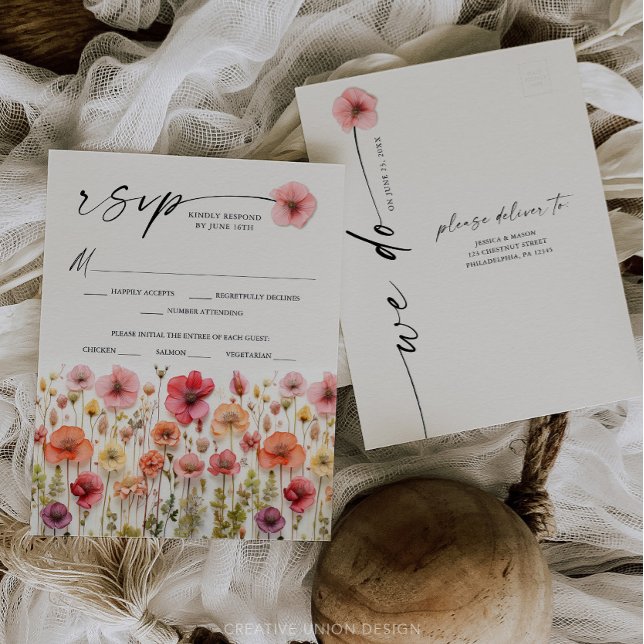Tarjeta postal de respuesta de boda boho con flore (Wildflower RSVP)