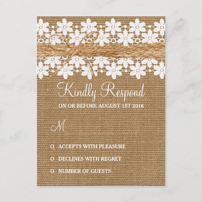 Tarjeta postal de respuesta de boda de encaje rúst (Anverso)