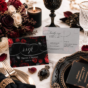 Tarjeta postal de respuesta de boda floral negra e
