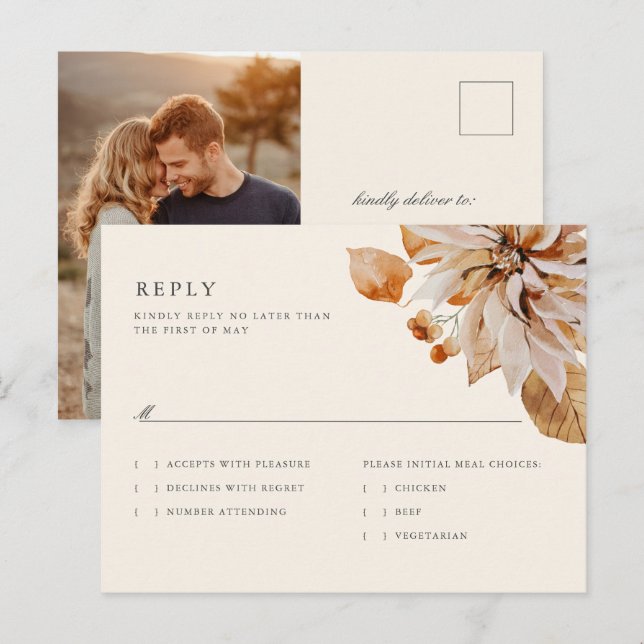 Tarjeta postal de respuesta para boda floral elega (Anverso / Reverso)