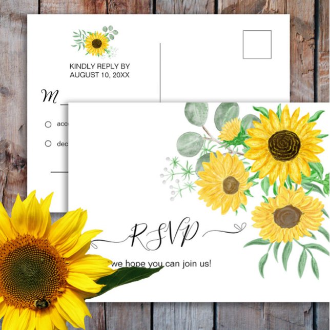Tarjeta postal de respuesta para bodas con girasol (Subido por el creador)