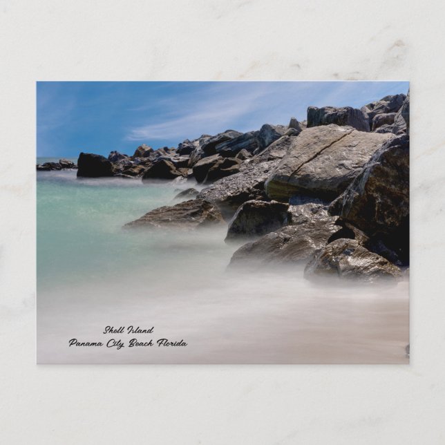 Tarjeta postal de rocas y olas de la isla Shell (Anverso)