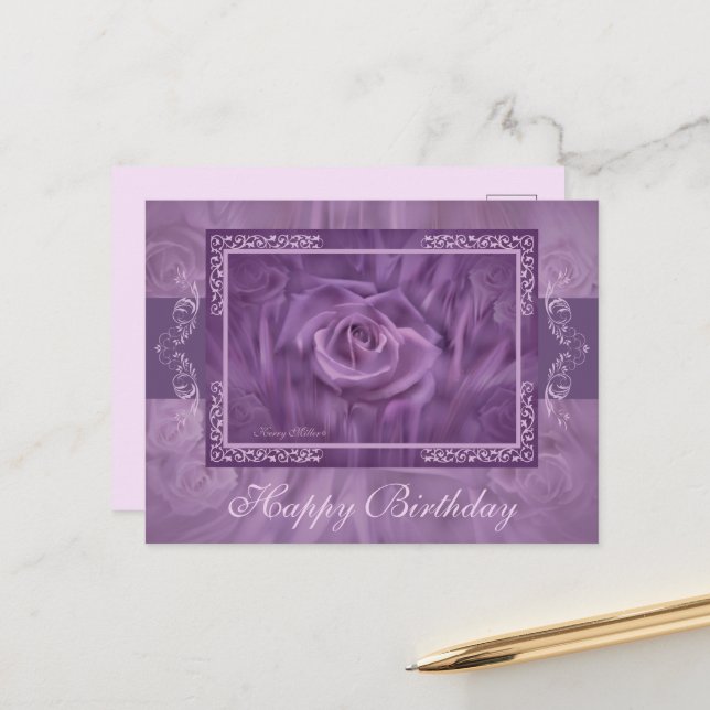 Tarjeta postal de rosa púrpura y encaje (Anverso/Reverso In Situ)