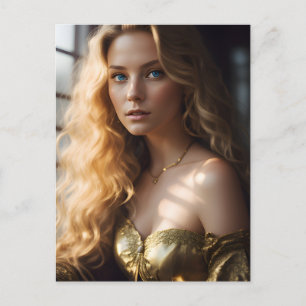 Tarjeta postal de rubia en vestido dorado