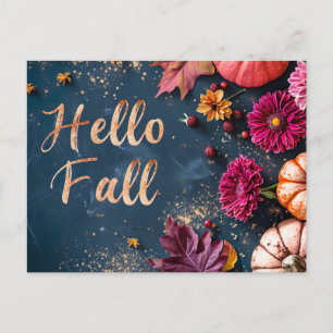 Tarjeta postal de saludo de otoño con calabazas y 