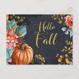 Tarjeta postal de saludo de otoño con calabazas y 