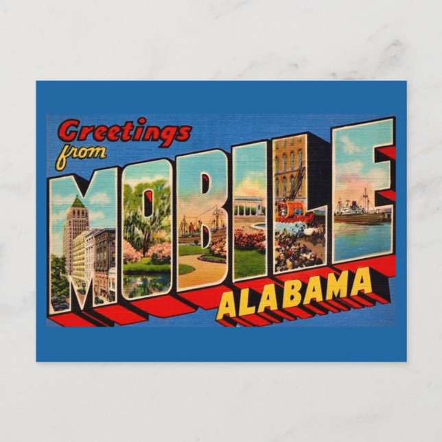 Tarjeta postal de saludo retro de Mobile Alabama (Anverso)