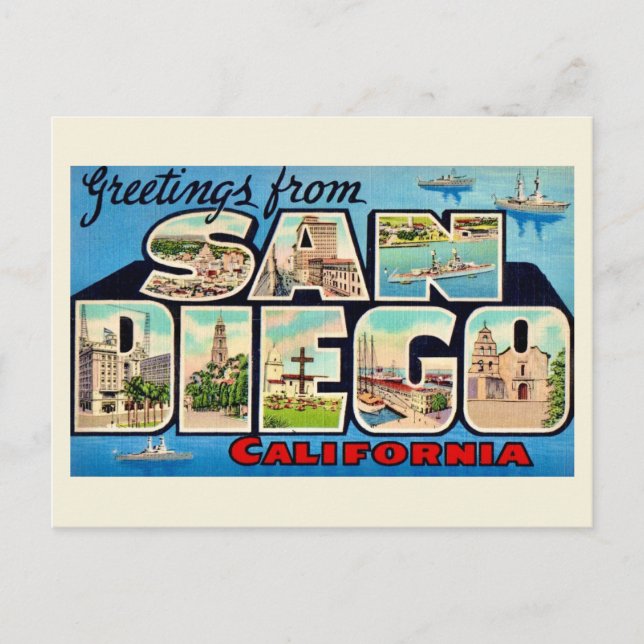 Tarjeta postal de saludo retro de San Diego (Anverso)