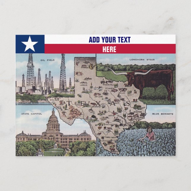 Tarjeta postal de saludos de Texas - Mapa estatal  (Anverso)