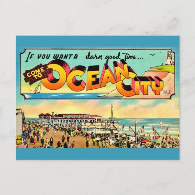 Tarjeta postal de saludos retro Ocean City NJ (Anverso)