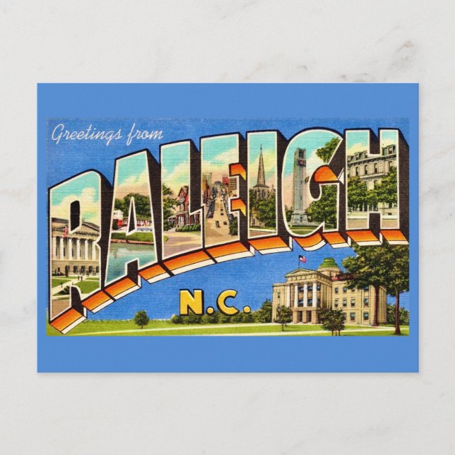 Tarjeta postal de salutaciones colorida de Raleigh (Anverso)