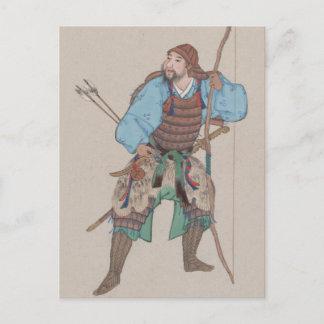 Tarjeta postal de samurái con arco y espada