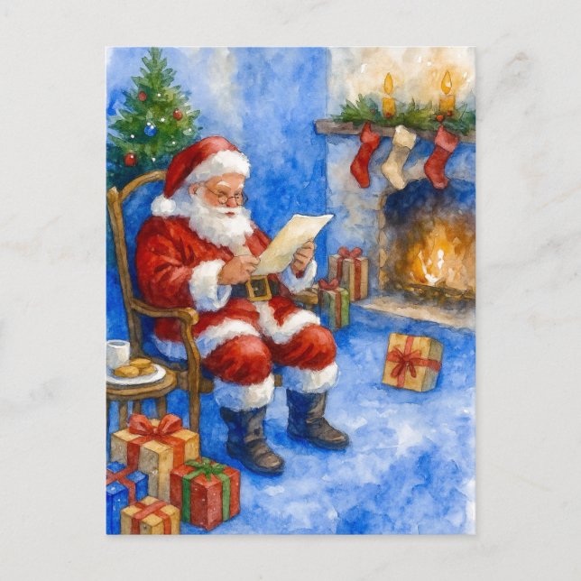 Tarjeta postal de Santa leyendo cartas junto a la  (Anverso)