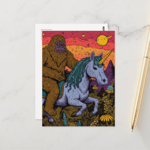 Tarjeta postal de Sasquatch y un Unicornio