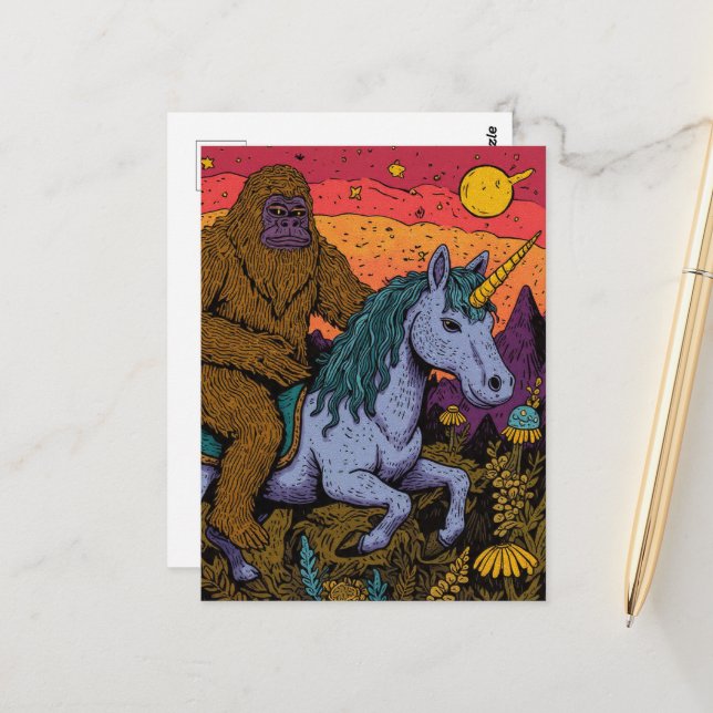 Tarjeta postal de Sasquatch y un Unicornio (Anverso/Reverso In Situ)