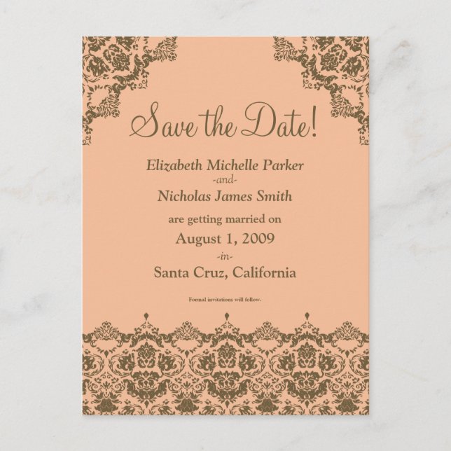 Tarjeta postal de "Save the Date" con encaje naran (Anverso)