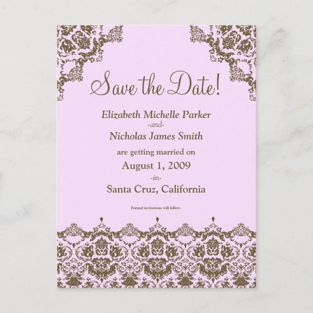 Tarjeta postal de "Save the Date" de encaje rosa c (Anverso)