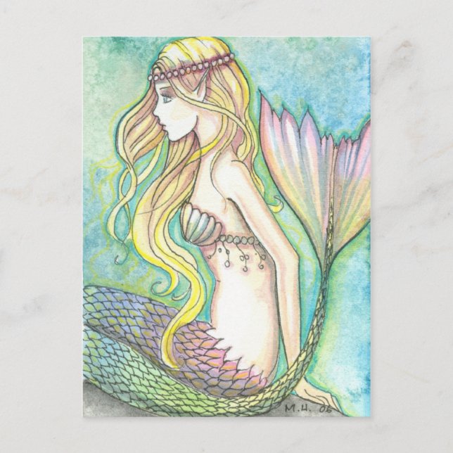 Tarjeta Postal de Sirena Cola de Arcoíris por Moll (Anverso)