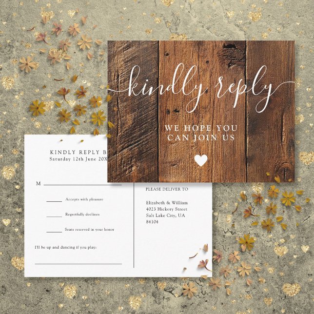 Tarjeta postal de solicitud de canción boho de gra (Rustic Wood Barn Boho Song Request RSVP Postcard)
