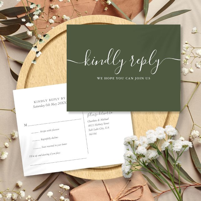 Tarjeta postal de solicitud de canción RSVP de ele (Elegant Olive Green Song Request RSVP Postcard)
