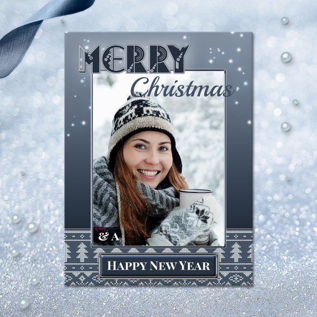 Tarjeta postal de suéter naví de vacaciones de Nav (An ugly sweater photo template postcard with Merry Christmas and a Happy New Year wishes)
