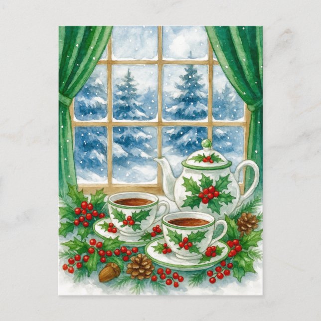 Tarjeta postal de té acogedor de invierno junto a  (Anverso)
