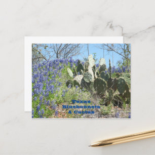 Tarjeta postal de Texas Bluebonnets y Cactus